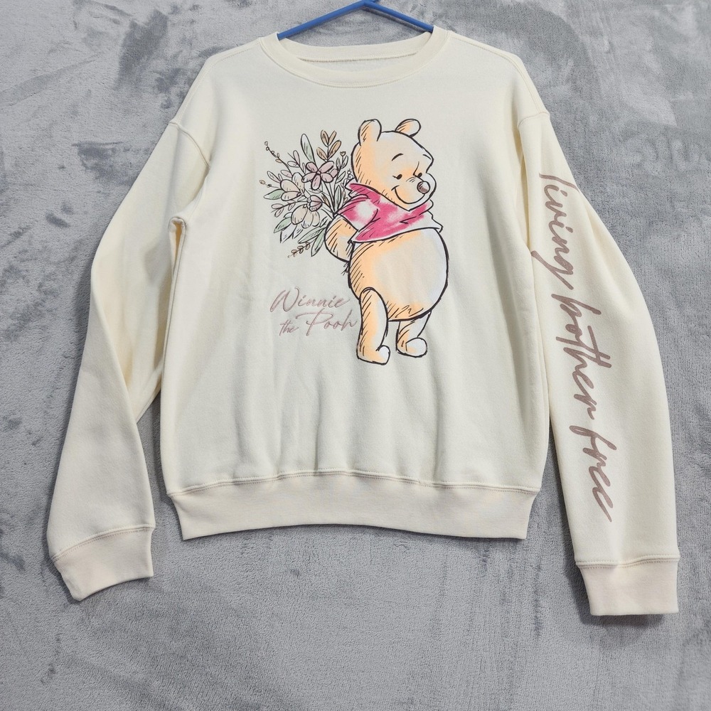 Disney Winnie The Pooh Sweatshirt Women XS Cream Floral Embroidered Double-Sided